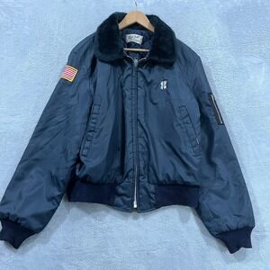 VINTAGE Flight Bomber Jacket Mens L Nylon Military Faux‎ Fur WPL 10881 USA 80s